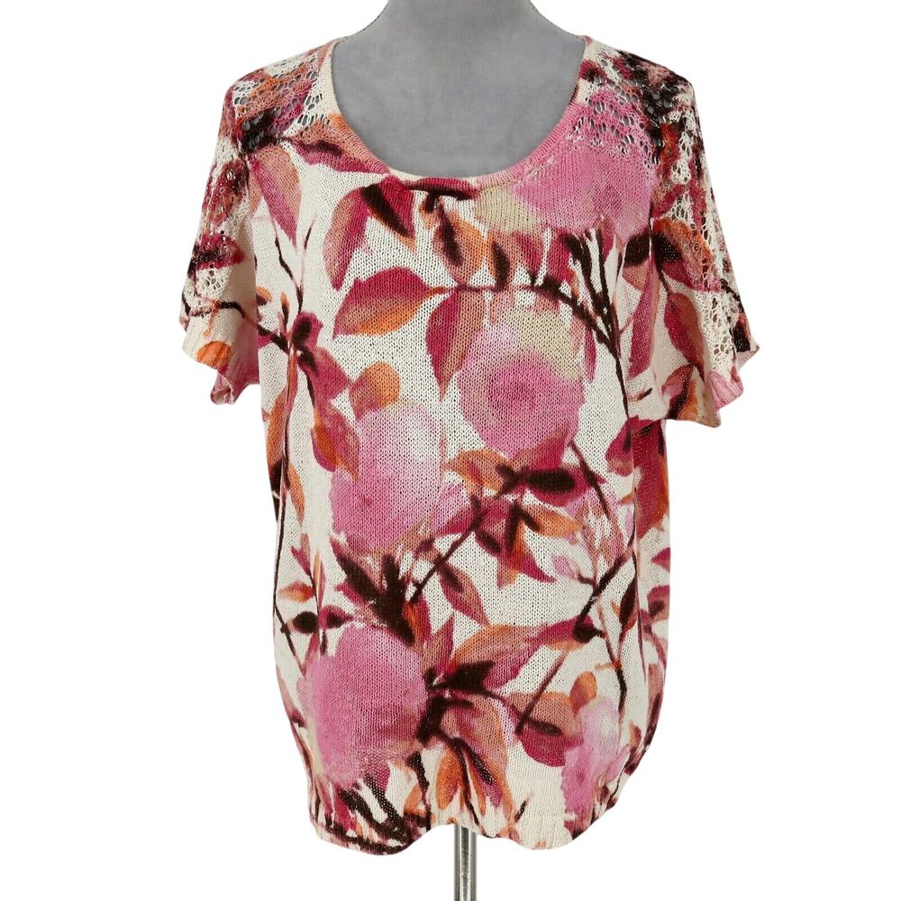 Chicos Sweater 2 Womens Large Ivory Pink Floral Cotton Knit Cap Sleeve Oversized